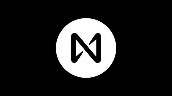 A minimalist logo featuring a stylized letter 'N' or 'M' in black within a white circle on a black background.