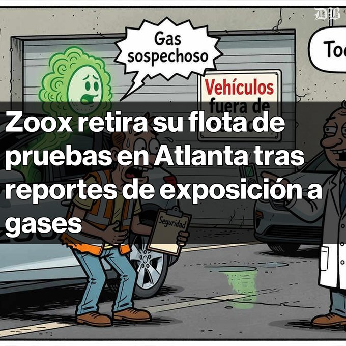 A worker in an orange safety vest clutches a "Seguridad" (Safety) folder while a green gas cloud ominously labeled "Gas sospechoso" (Suspicious gas) looms in a garage with a "Vehículos fuera de..." (Vehicles out of...) sign, illustrating Zoox's Atlanta test fleet quarantine due to reported gas exposure affecting up to 40 workers.