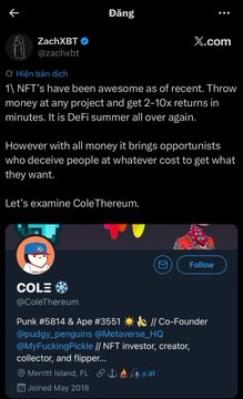 A screenshot of an X post by ZachXBT (@zachxbt) discussing NFT projects and mentioning ColeTherum.