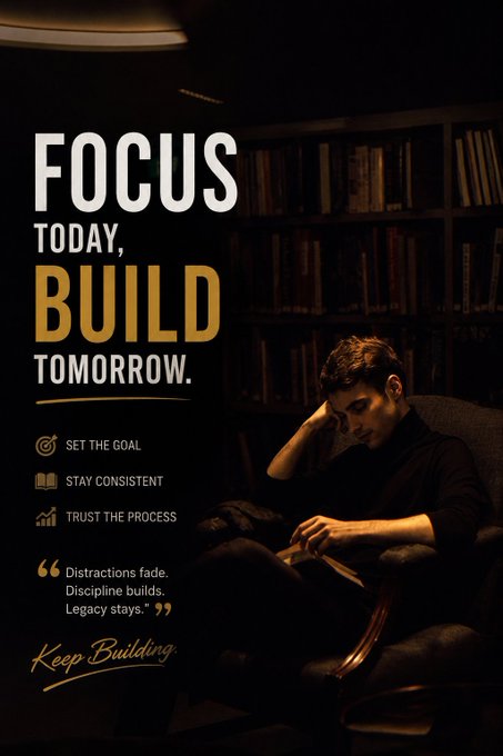 A dark-themed motivational poster reads 'FOCUS TODAY, BUILD TOMORROW' with bullet points 'SET THE GOAL', 'STAY CONSISTENT', 'TRUST THE PROCESS', alongside a man reading in a chair.