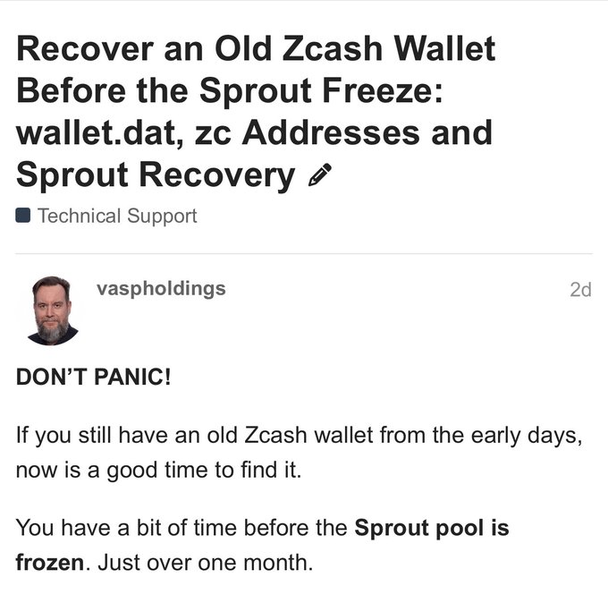 A technical support post titled "Recover an Old Zcash Wallet Before the Sprout Freeze: wallet.dat, zc Addresses and Sprout Recovery" by user "vaspholdings", beginning with "DON'T PANIC!".