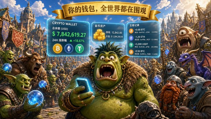 A fantasy-themed digital illustration featuring an ogre holding a smartphone displaying a crypto wallet with a balance of $7,842,619.77 and a +18.67% return, with Chinese text at the top and various fantasy creatures around.