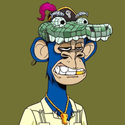 A cartoon illustration of a blue monkey wearing a crocodile hat, an earring, and a gold chain with a peanut pendant, set against an olive green background.