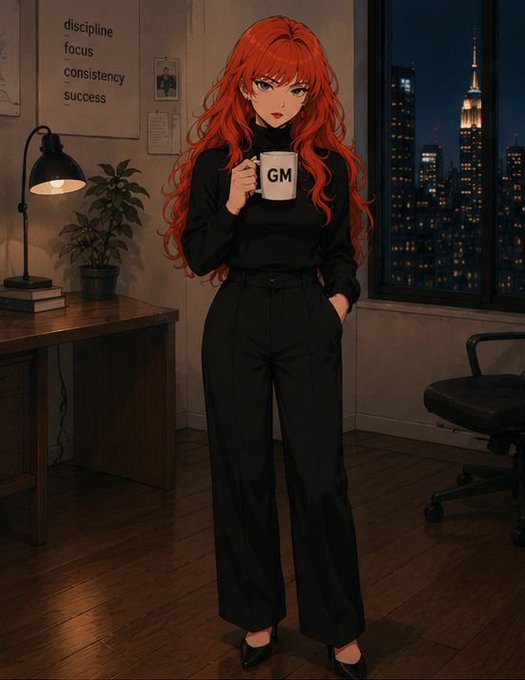 An anime-style illustration depicts a woman with long red hair wearing all black, holding a white mug labeled 'GM', standing in an office with a New York City skyline visible through the window; a poster on the wall reads 'discipline focus consistency success'.