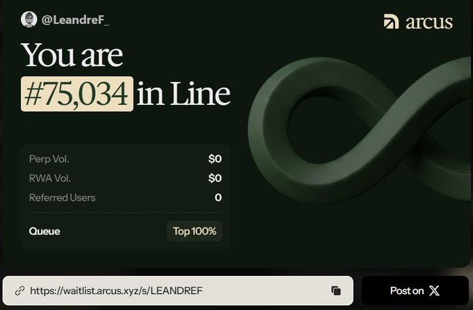 A dark-themed Arcus waitlist screen showing a user is '#75,034 in Line' with stats for Perp Vol., RWA Vol., and Referred Users, featuring a green infinity symbol graphic.