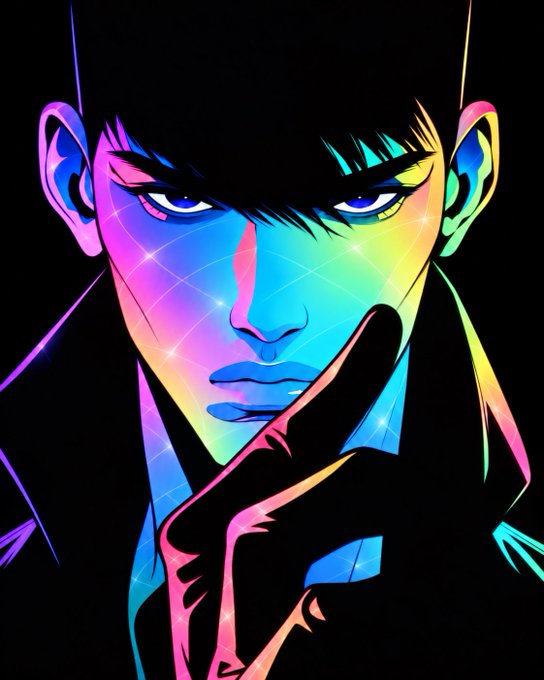 A vibrant anime-style illustration of a character with a black hat and dark hair, featuring a rainbow color palette across their face, pointing a gloved finger forward against a black background.