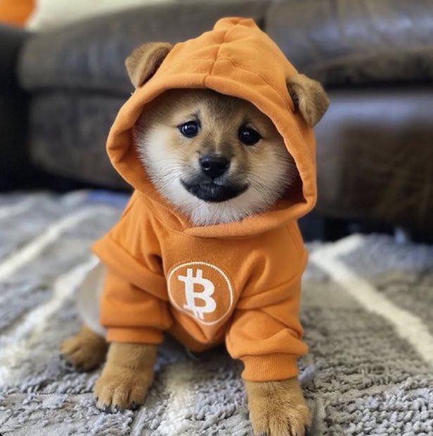An adorable Shiba Inu puppy wearing an orange hoodie with bear ears, featuring the Bitcoin logo printed on the front, sitting on a rug.