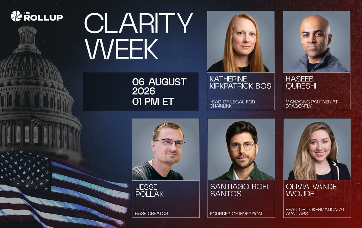 Promotional graphic for "The Rollup's" Clarity Week event on 06 August 2026 at 01 PM ET, featuring headshots of speakers Katherine Kirkpatrick Bos (Head of Legal for Chainlink), Haseeb Qureshi (Managing Partner at Dragonfly), Jesse Pollak (Base Creator), Santiago Roel Santos (Founder of Inversion), and Olivia Vande Woude (Head of Tokenization at Ava Labs), set against the U.S. Capitol and American flag background—aligning with the post's focus on evolving tokenization beyond simply putting assets onchain to exploring their practical utility.