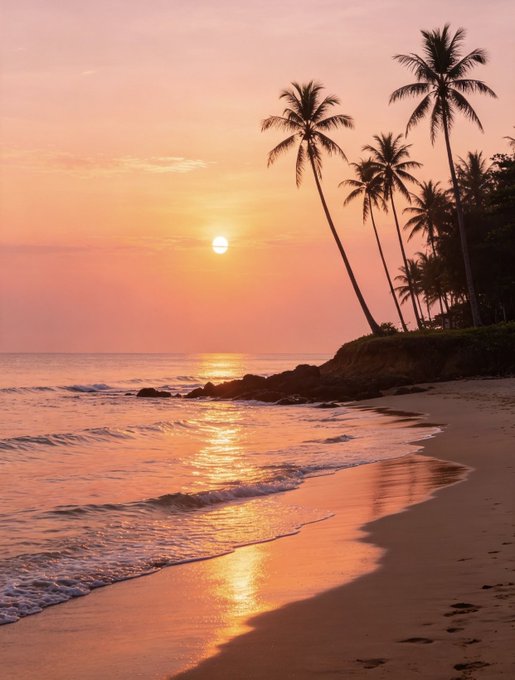 A tropical beach scene at sunset with silhouettes of palm trees, gentle waves rolling onto the sandy shore, and the sun glowing warmly in an orange-pink sky.