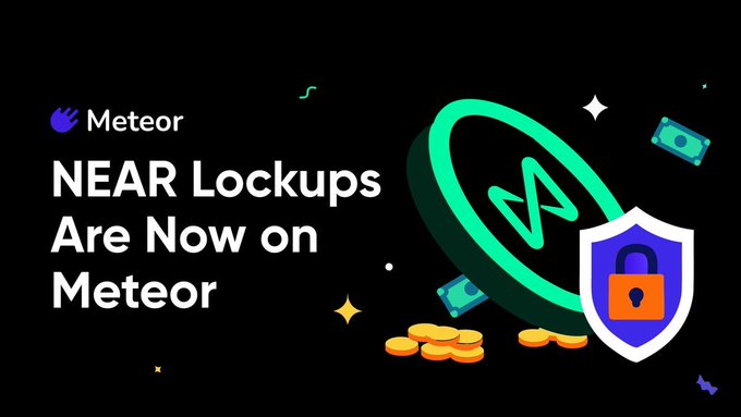 The image announces "NEAR Lockups Are Now on Meteor" with the Meteor logo, featuring graphics of a NEAR token emblem, a security shield with a padlock, gold coins, and cash, symbolizing the secure management and tracking of locked NEAR tokens.