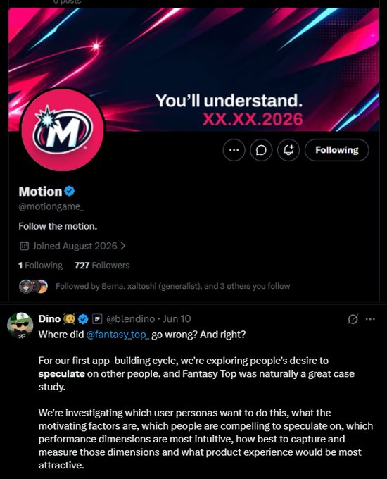 A Twitter/X profile screenshot for 'Motion' (@motiongame_) featuring the tagline 'You'll understand. XX.XX.2026', with a post from Dino (@blendino) discussing speculation about user personas.