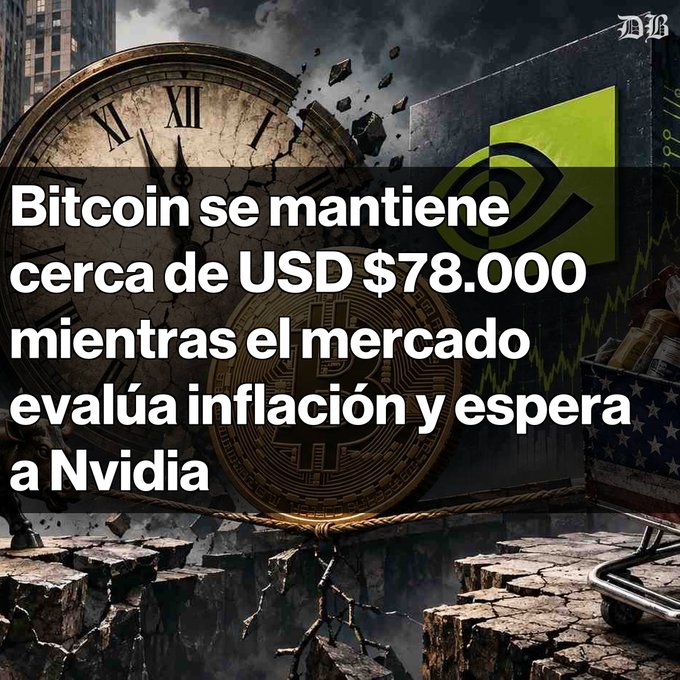 A financial graphic with Spanish text reading 'Bitcoin se mantiene cerca de USD $78.000 mientras el mercado evalúa inflación y espera a Nvidia', featuring Bitcoin imagery and the NVIDIA logo.