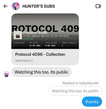 A mobile chat screenshot titled 'HUNTER'S SUBS' shows a conversation about a 'Protocol 4096' NFT collection on opensea.io.