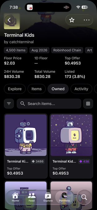 A mobile screen showing a NFT marketplace listing for 'Terminal Kids' by catchterminal on Robinhood Chain, with 4,500 items, a floor price of $2.03, and various listed items displayed as cartoon astronaut characters.