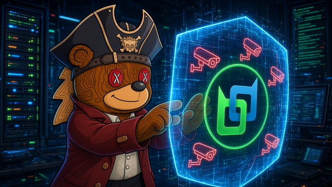 A cartoon illustration of a brown bear wearing a pirate hat and red coat, gesturing toward a glowing blue cybersecurity shield that protects a green logo from red surveillance cameras.