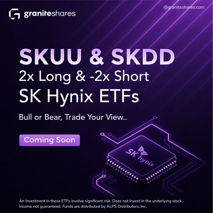 A GraniteShares promotional graphic announces the upcoming launch of two new leveraged ETFs—SKUU (2x Long) and SKDD (-2x Short)—tied to SK Hynix, with a "Coming Soon" button and a stylized image of an SK Hynix chip on a purple circuit-board background. The ad carries the tagline "Bull or Bear, Trade Your View.." and includes a risk disclaimer noting the funds are distributed by ALPS Distributors, Inc.