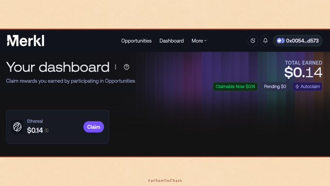 A screenshot of the Merkl DeFi rewards dashboard for wallet `0x0054...d573`, showing `$0.14` total earned and claimable in the “Ethereal” opportunity, with a “Claim” button. It illustrates the post’s message to connect a wallet at `app.merkl.xyz` and check for unclaimed farming rewards, joking that the poster has only 14 cents.