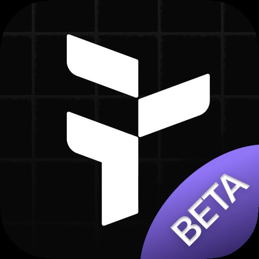 The image features a logo for a beta version of an app, which has a black background with white text that reads "BETA". The logo includes a stylized letter "F" surrounded by three lines, creating a modern and sleek design. Below the logo is a purple banner that says "BETA", indicating the app's release date or status.