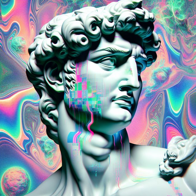 A classical marble bust of David is depicted with glitchy, iridescent digital artifacts melting down its face, set against a swirling, psychedelic holographic background. The image visually represents the post's themes, symbolizing how the tension between timeless value (the statue) and disruptive AI technology ("AI FUD" and "Future Agents") can distort reality.