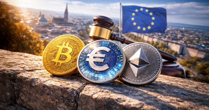 A gavel rests behind physical representations of Bitcoin, Eurocoin, and Ethereum tokens, set against a European Union flag and cityscape, symbolizing the EU's push for stricter cryptocurrency regulation and enforcement through ESMA.