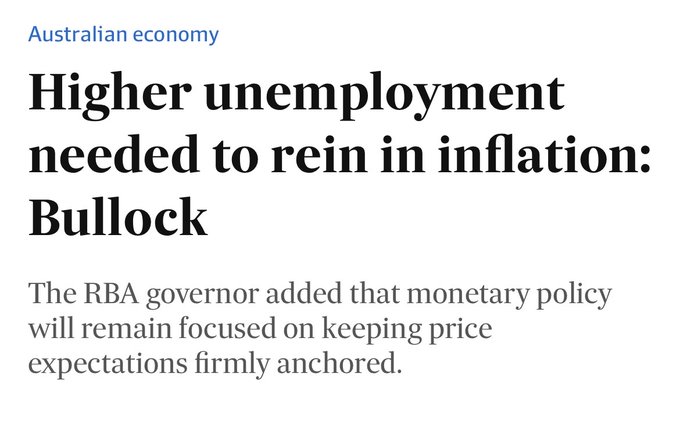 A news headline about the Australian economy reading 'Higher unemployment needed to rein in inflation: Bullock', with a subtitle noting that the RBA governor emphasized keeping price expectations anchored.