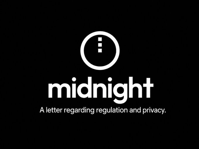 A black image displays the white "midnight" logo—an info icon (an "i" inside a circle) above the brand name—along with the tagline "A letter regarding regulation and privacy." The graphic accompanies a post about Midnight Foundation's stance that compliance outcomes matter more than a blockchain's architecture, tying the brand's identity to its regulatory and privacy-focused messaging.