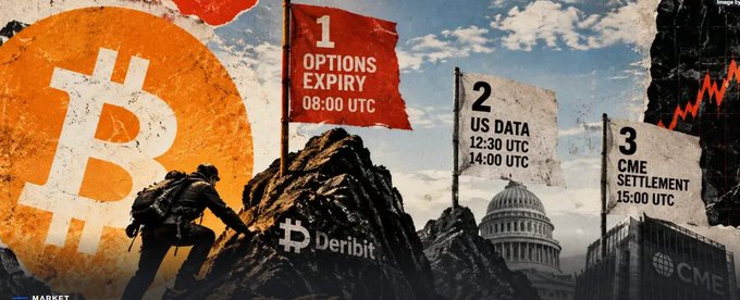 A Deribit promotional graphic showing a Bitcoin logo and flags marking key market events: '1 OPTIONS EXPIRY 08:00 UTC', '2 US DATA 12:30 UTC 14:00 UTC', and '3 CME SETTLEMENT 15:00 UTC'.