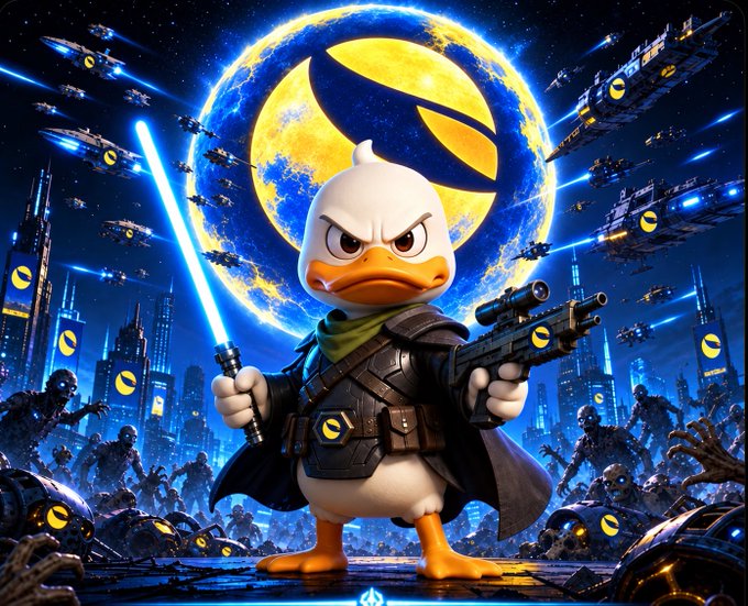Digital artwork of an angry cartoon duck character dressed in black armor and a cape, holding a blue lightsaber and a rifle, standing before a sci-fi cityscape and spaceships with a Pac-Man themed moon in the background.