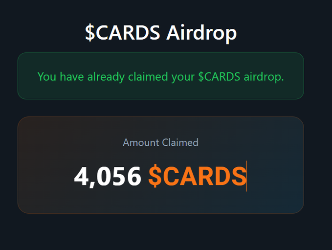 A screenshot showing a completed '$CARDS Airdrop' claim for 4,056 $CARDS tokens, displayed against a dark background.
