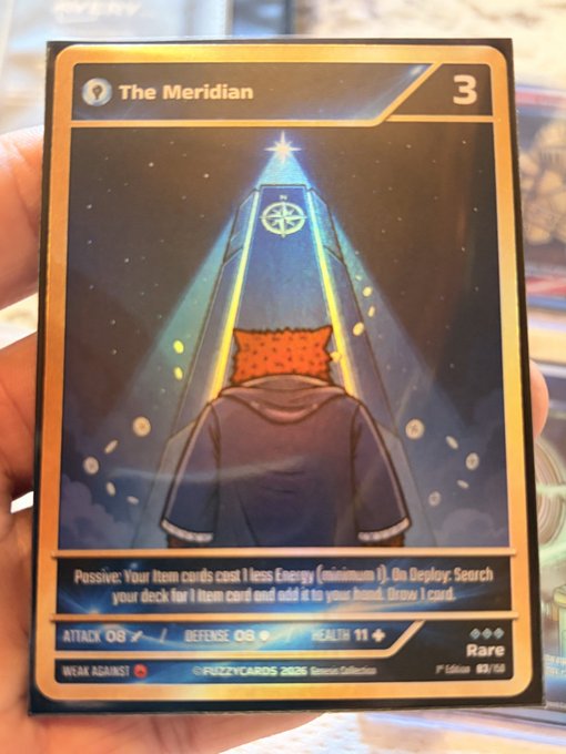 A trading card titled 'The Meridian' (rarity 3) featuring an illustration of a person with an orange pixelated face wearing a robe, standing before a glowing obelisk; stats show Attack 08, Defense 09, Health 11, marked 'Rare' by FizzyCards 2025.