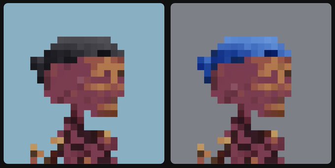 Two pixel art portraits of a person with an afro side by side, the left showing a black cap against a light blue background, and the right showing a blue cap against a gray background.