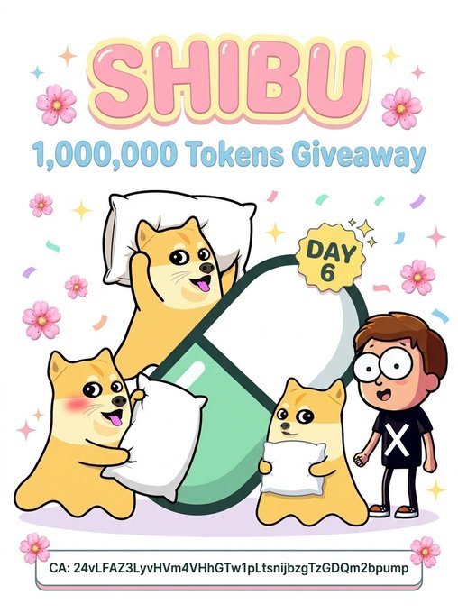 A vibrant "SHIBU 1,000,000 Tokens Giveaway" promotional graphic for Day 6, featuring cartoon Shiba Inu dogs with pillows and a cartoon boy with an X logo shirt, along with a contract address.