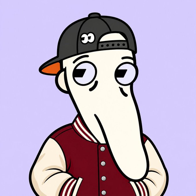 A cartoon character with a long beak wearing a black cap with eye details and a maroon varsity jacket on a purple background.