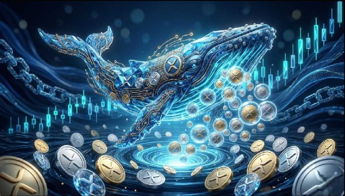 The image shows a large blue whale surrounded by many gold coins floating around its head, with a chain hanging from its back. The phrase "XRP whales added 1.53B tokens in 6 months now control 74.1% of the supply" implies that Bitcoin and cryptocurrency are being used as currency, while XRP is seen as the controller or manipulator behind these transactions. This suggests that the whale represents XRP and its coins represent Bitcoin, both controlling a significant portion of the digital currency market. The phrase "smart money accumulating while sentiment is weak?" indicates that the whale might be seen as a metaphor for how cryptocurrencies like Bitcoin have been accumulating wealth despite negative sentiment surrounding them.