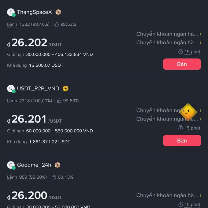 Screenshot of a cryptocurrency exchange listing three traders (ThangSpaceX, USDT_P2P_VND, Goodme_24) selling USDT at 26.200-26.202 per USDT with VND limits and bank transfer options.