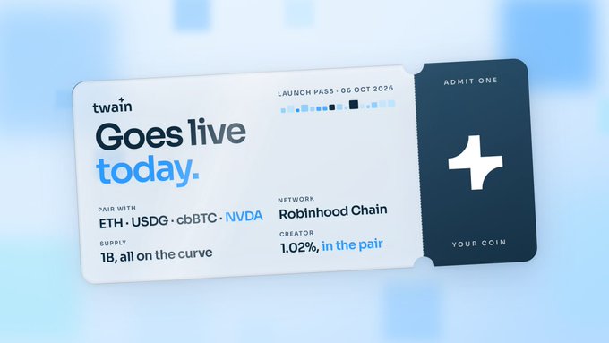 The image is a stylized "Launch Pass" ticket announcing that token "twain" goes live today (Oct 6, 2026) on the Robinhood Chain, paired with ETH, USDG, cbBTC, and NVDA, with a supply of 1B and creator fee of 1.02%. The ticket design ties into the post's $15 giveaway promotion, which appears to be airdropping tokens to active wallets ("addys") on launch day—using the ticket as a visual hook to attract engagement.