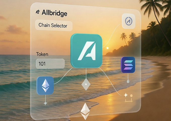 The image shows a translucent UI panel labeled "Allbridge" with a "Chain Selector" and "Token 101" against a tropical sunset beach, featuring the central Allbridge "A" logo connected by lines to icons representing Ethereum, Solana, and other chains. It visually represents Allbridge's cross-chain token bridging infrastructure powered by LayerZero, with the 101 likely referencing the USDT token ID and the connections illustrating how USDT moves seamlessly across multiple blockchains.