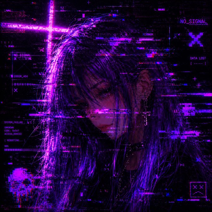 A glitch art-style image of a person with long hair obscured by purple and pink digital distortion effects, featuring text overlays like 'NO_SIGNAL', 'ERROR_404', and 'DATA LOST'.