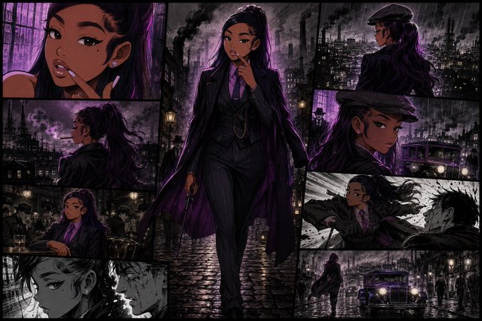 A comic-style illustration features a sleek woman in a pinstriped suit and purple tie, depicted in multiple panels against a moody, smoke-filled cityscape with an old-fashioned car and rain-soaked streets. The image has no text or writing, and its connection to the "Happy Taco Tuesday" greeting appears thematic rather than direct—pairing a bold, stylish vibe with the casual crypto/trading morning check-in.