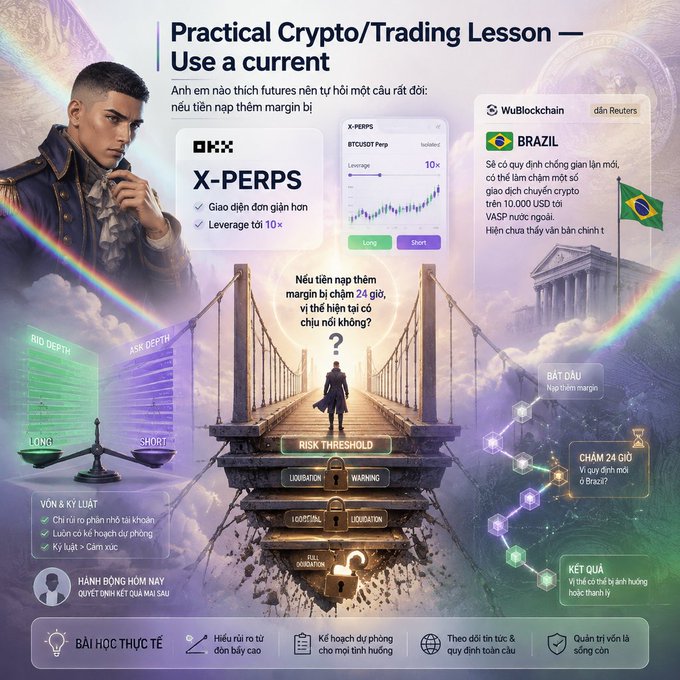 A vibrant crypto/trading infographic titled "Practical Crypto/Trading Lesson — Use a current" featuring OKX X-PERPS with 10x leverage, a Brazilian flag referencing WuBlockchain/Reuters news about a $10,000 USD VASP license, and Vietnamese text discussing 24-hour margin risks and liquidation thresholds, which loosely thematically parallels the accompanying post about ETH/SOL token security budgets and issuance concerns.
