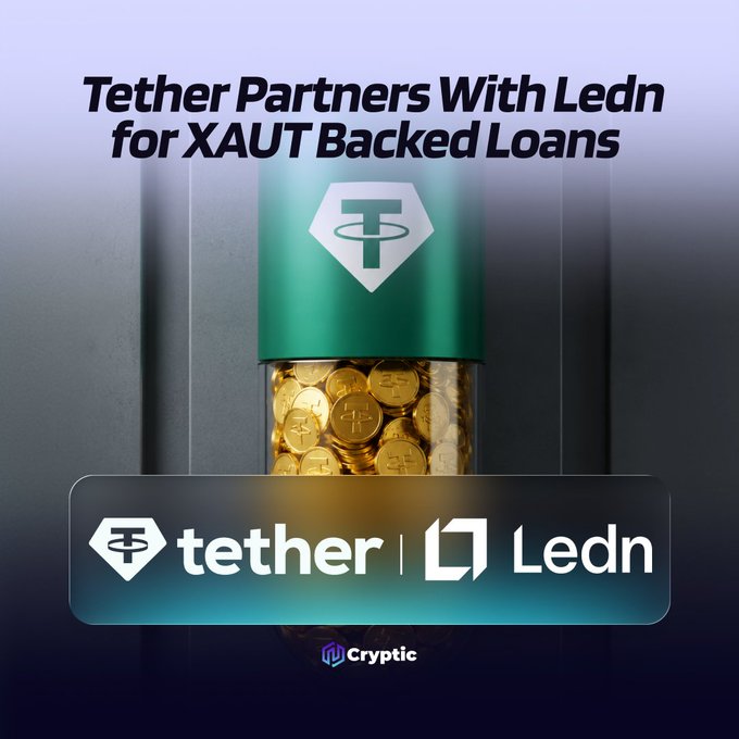 A promotional graphic announcing "Tether Partners With Ledn for XAUT Backed Loans" featuring Tether and Ledn logos beneath a transparent container filled with gold coins embossed with the Tether symbol, visually representing the new tokenized gold lending partnership.