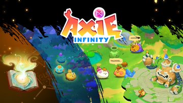 A vibrant promotional image for the game "Axie Infinity," featuring its colorful logo above a whimsical landscape populated by various cute, cartoonish Axie creatures on a floating island. The post suggests using this snapshot from Lunacia as a new desktop wallpaper.