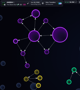The image shows a wallet cluster visualization for the $ANSEM memecoin on a blockchain analytics platform, dated June 26, 2025, displaying interconnected nodes of the "Black Bull" and "Misc. Transmitters" groups. The purple cluster of wallets in the upper portion represents the seller's address network, which matches the post claiming the 2nd biggest holder is selling off $500k worth while still retaining 1% of the supply.