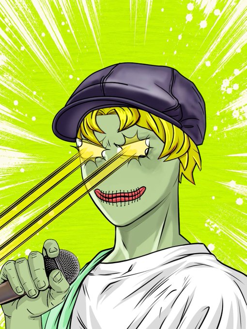 This image features a cartoon character with green skin, yellow hair, a purple cap, and a stitched mouth, holding a microphone. The character's eyes are emitting yellow laser beams, fitting the theme of the accompanying post about a "Free mint on Robinhood" of 50 GTD by @DorianPepentice for EVM wallets.