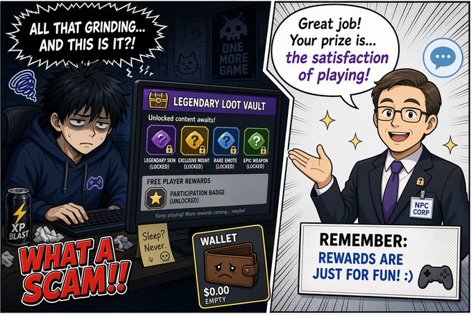 A two-panel illustration critiquing gaming loot boxes: the left side shows an exhausted gamer labeled 'WHAT A SCAM!!' while the right shows a smiling NPC Corp representative explaining rewards are 'just for fun'.