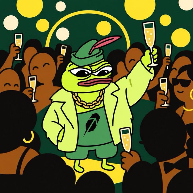 A stylized green Pepe frog character wearing a green cap with a pink feather, a chunky gold chain, and a "PENPE" jersey stands center stage in a vibrant nightclub scene, raising a champagne glass surrounded by a cheering crowd also holding champagne flutes.

The image visually represents the post's celebratory tone about $PENPE's rising momentum and strong community backing, with Pepe ("the father of $PENPE") as the triumphant centerpiece of a party-like atmosphere that mirrors the excitement over potential upcoming listings and the departure of weak hands.