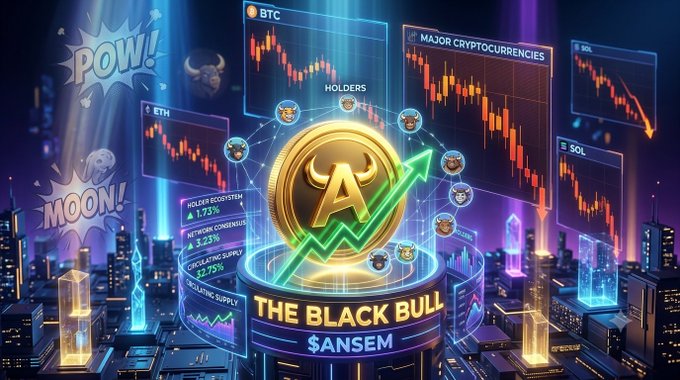 A vibrant digital graphic for a cryptocurrency called 'THE BLACK BULL' with ticker '$ANSEM', featuring a large golden coin with an 'A' and bull horns, surrounded by charts of BTC, ETH, and SOL, and texts like 'POW!', 'MOON!', and 'HOLDER%'.