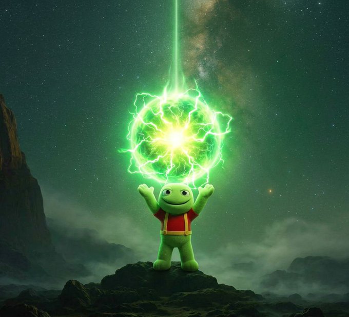 A small green plush frog in a red shirt stands triumphantly on a rocky peak, conjuring a massive sphere of green lightning energy beneath a starry sky.