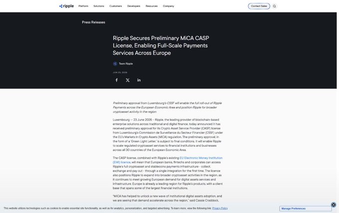 A press release page from Ripple announces that 'Ripple Secures Preliminary MiCA CASP License, Enabling Full-Scale Payments Services Across Europe' dated June 23, 2026.