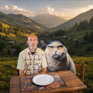 A man with a wide-eyed cat sits at a table with an empty plate set against a mountainous landscape, creating a humorous "waiting to be fed" moment that visually reinforces the post's theme of patient accumulation—suggesting that early investors in $FOLK are poised at the table, waiting for the market to finally serve up the gains they've been steadily accumulating.